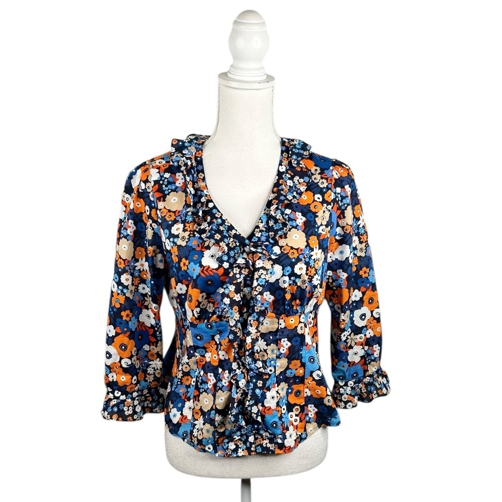 Jones New York Navy Floral Ruffle Boho V-Neck Cotton Top Size Medium Petite